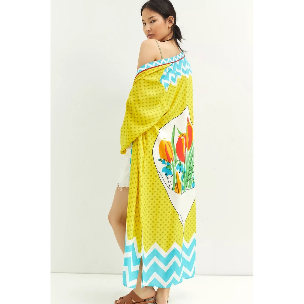 Vera for Anthropologie Bouquet Kimono Cover Up Yellow Polka Dot Floral Tulip